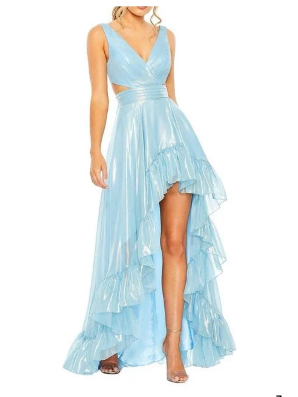 Mac Duggal Shimmery Sky Blue High-Low Ruffle Evening Gown